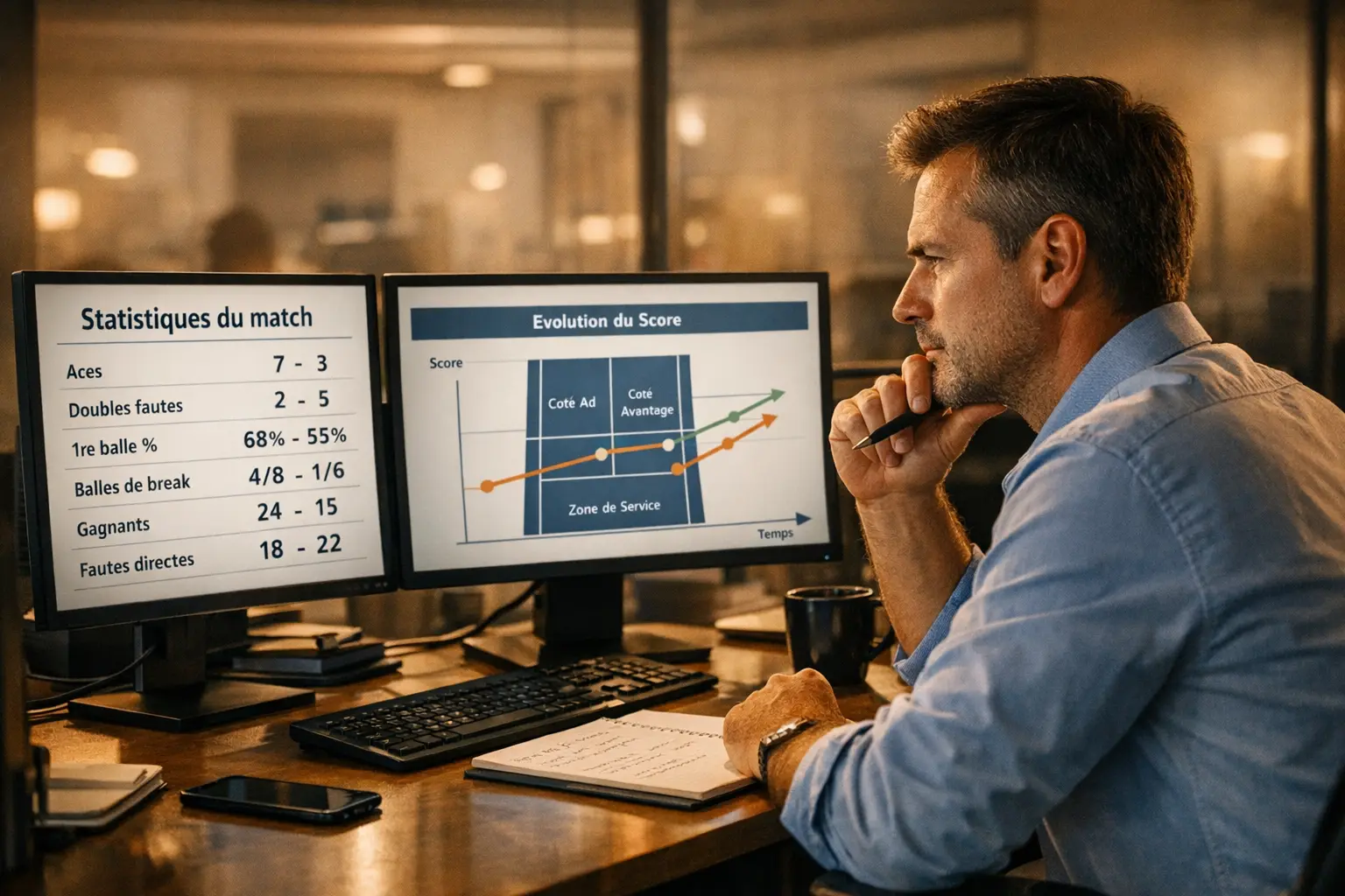 Analyste étudiant des statistiques de tennis sur écran