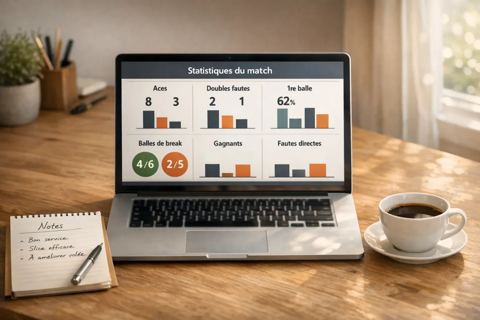 Écran d'ordinateur affichant des statistiques de match de tennis avec graphiques de performance