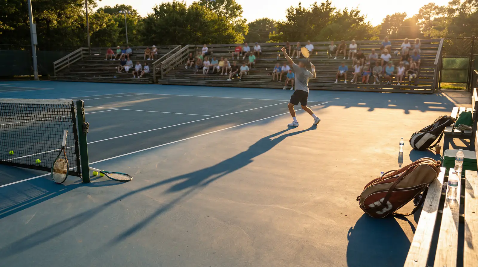 Petit court de tennis avec tribunes modestes et joueur au service