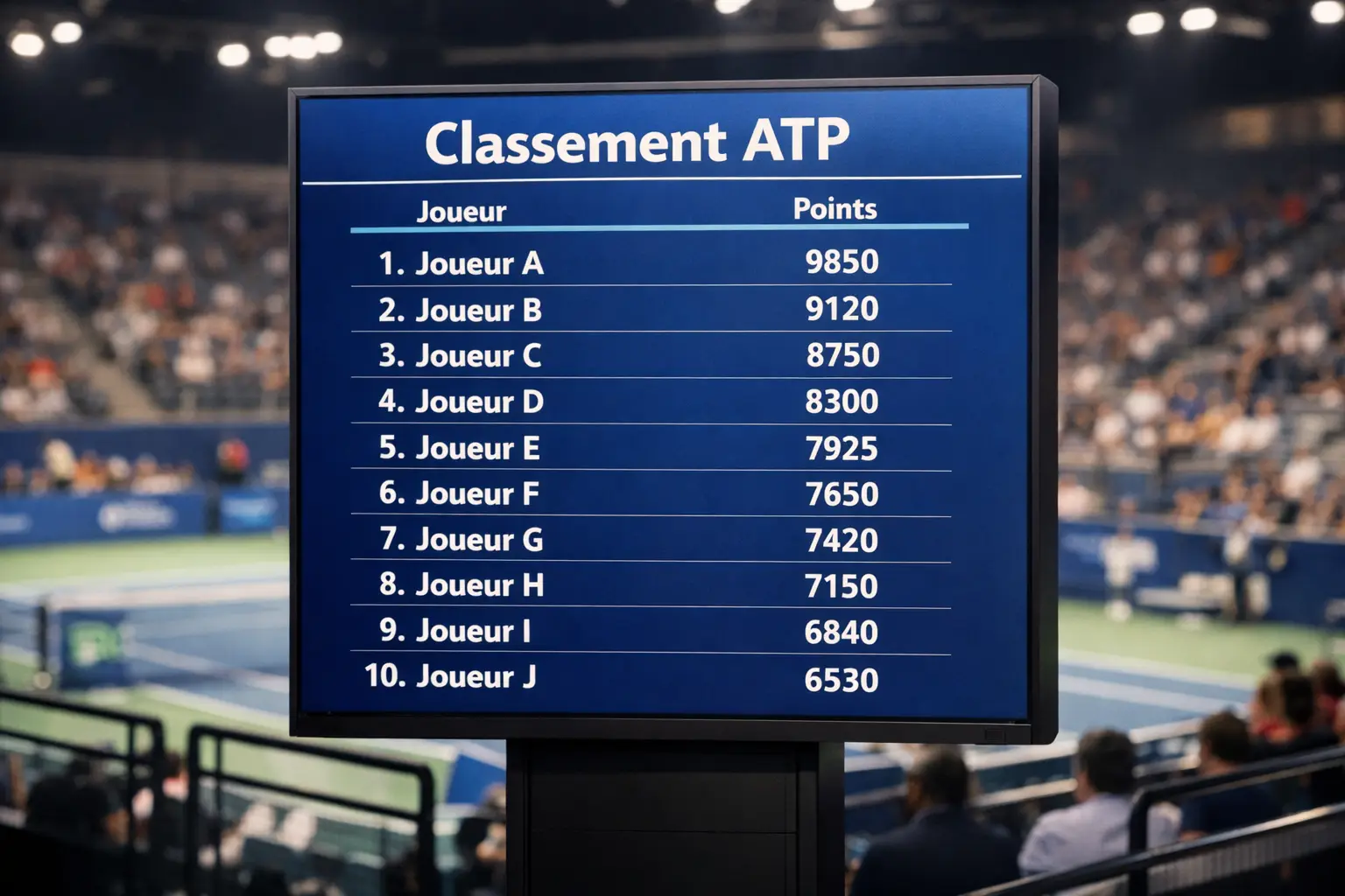 Tableau de classement ATP affiché lors d'un tournoi