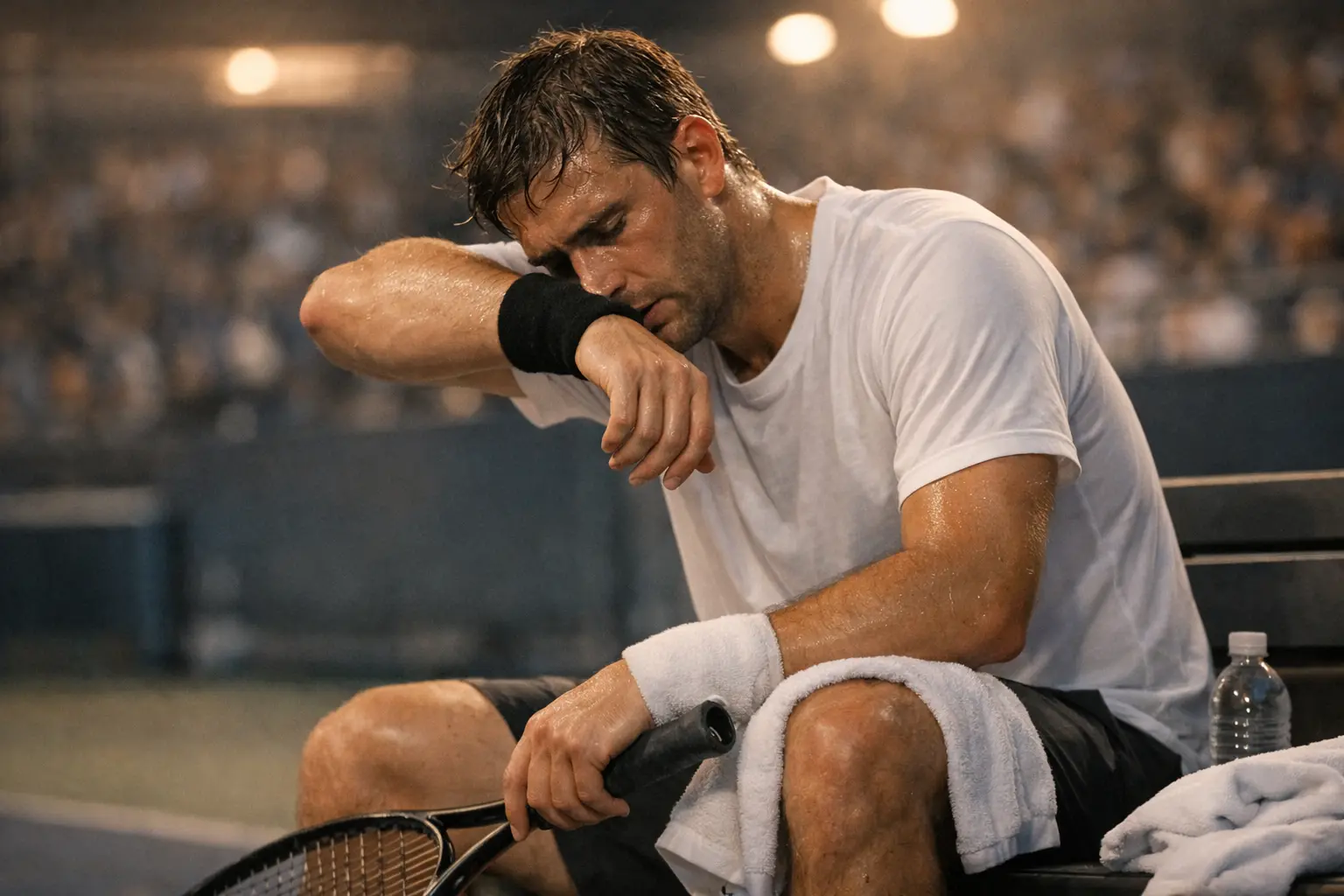 Joueur de tennis montrant des signes de fatigue pendant un match