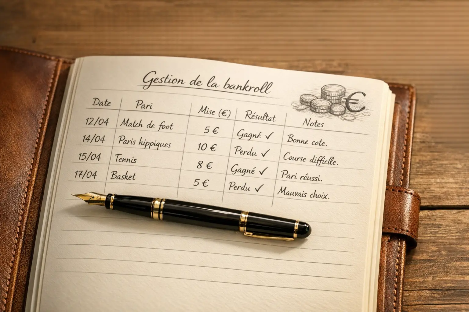 Carnet de notes ouvert avec stylo montrant un suivi de paris sportifs organisé