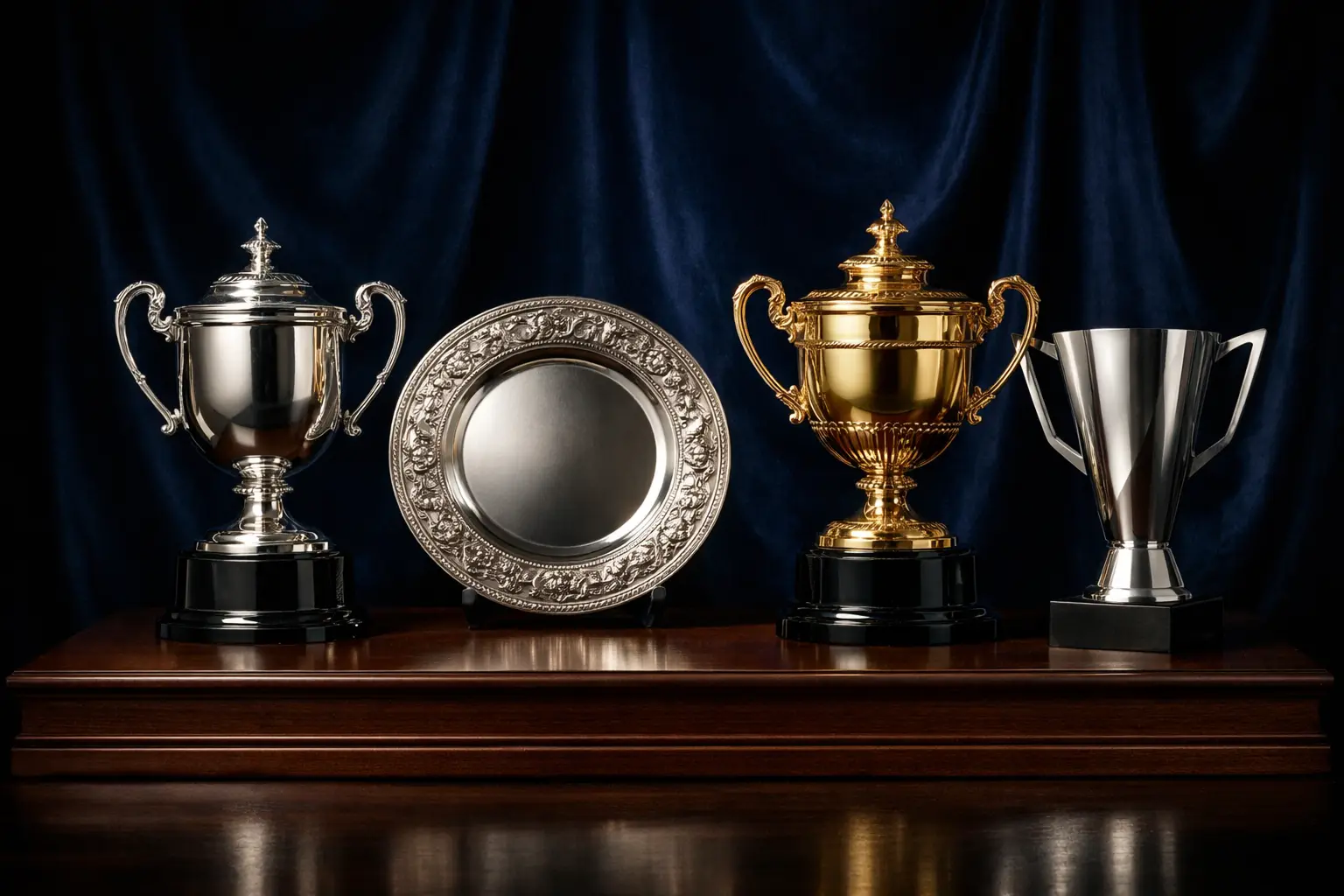 Trophées des quatre tournois du Grand Chelem alignés : Open d'Australie, Roland-Garros, Wimbledon, US Open