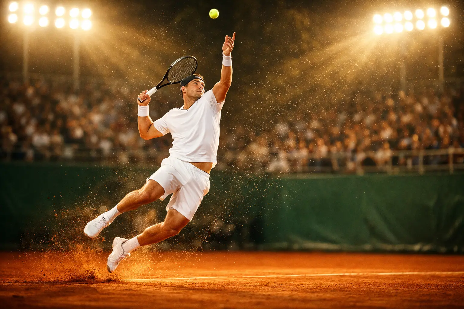 Joueur de tennis professionnel servant sur un court en terre battue sous les projecteurs