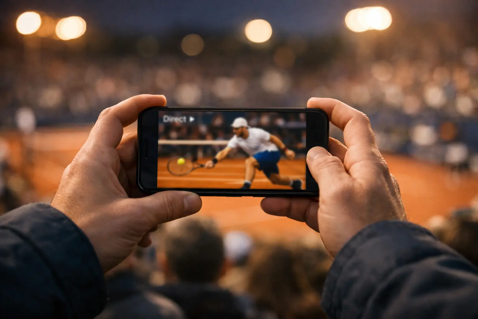Spectateur regardant un match de tennis sur smartphone avec application de paris sportifs