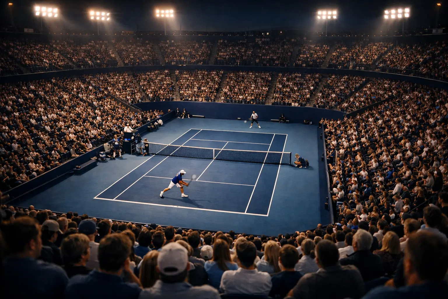 Match de tennis en direct avec spectateurs suivant l'action