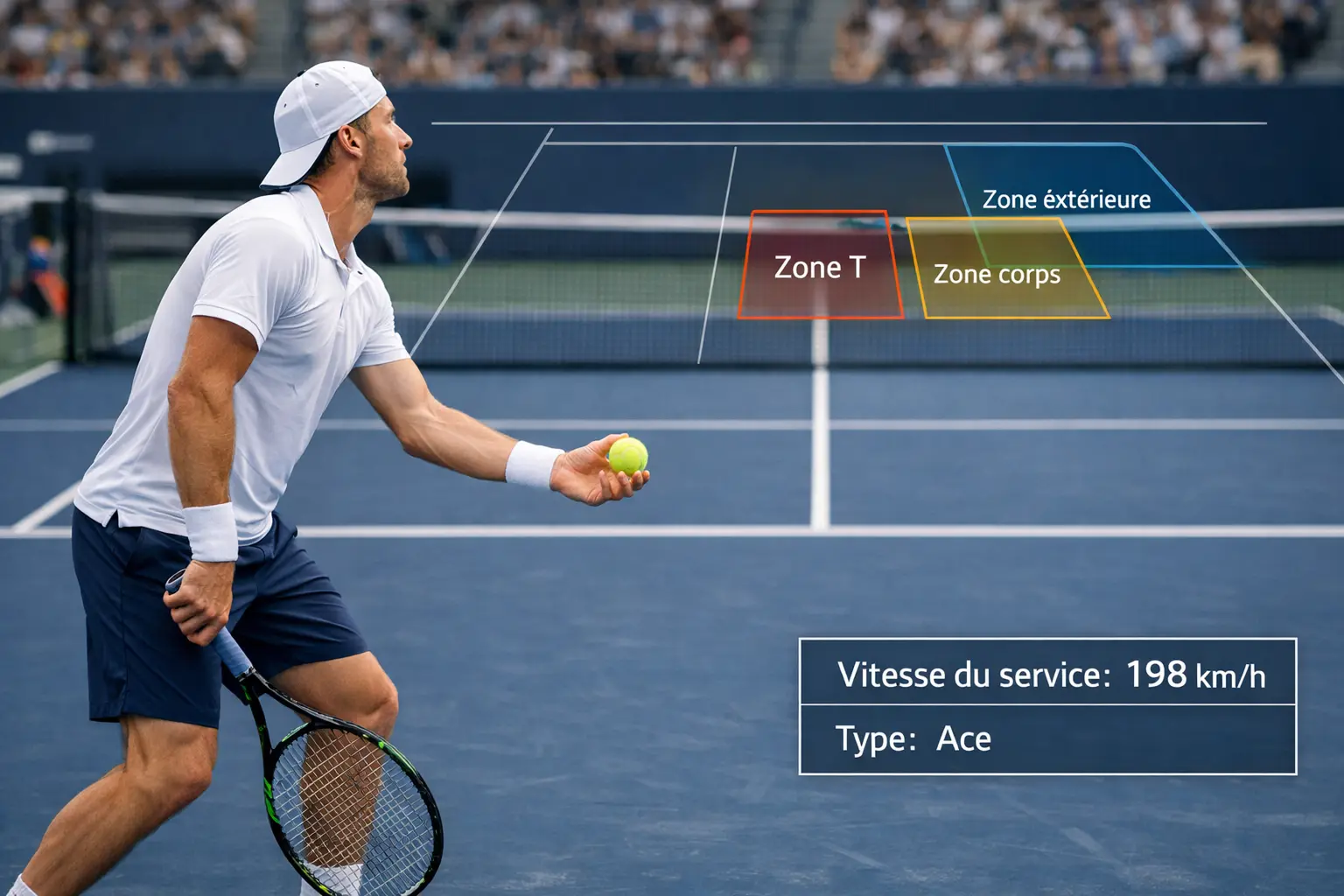 Joueur de tennis en position de service avec indicateurs statistiques