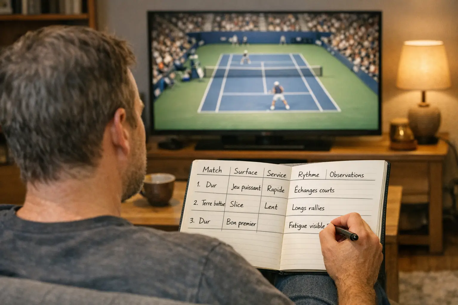 Personne prenant des notes lors d'un match de tennis