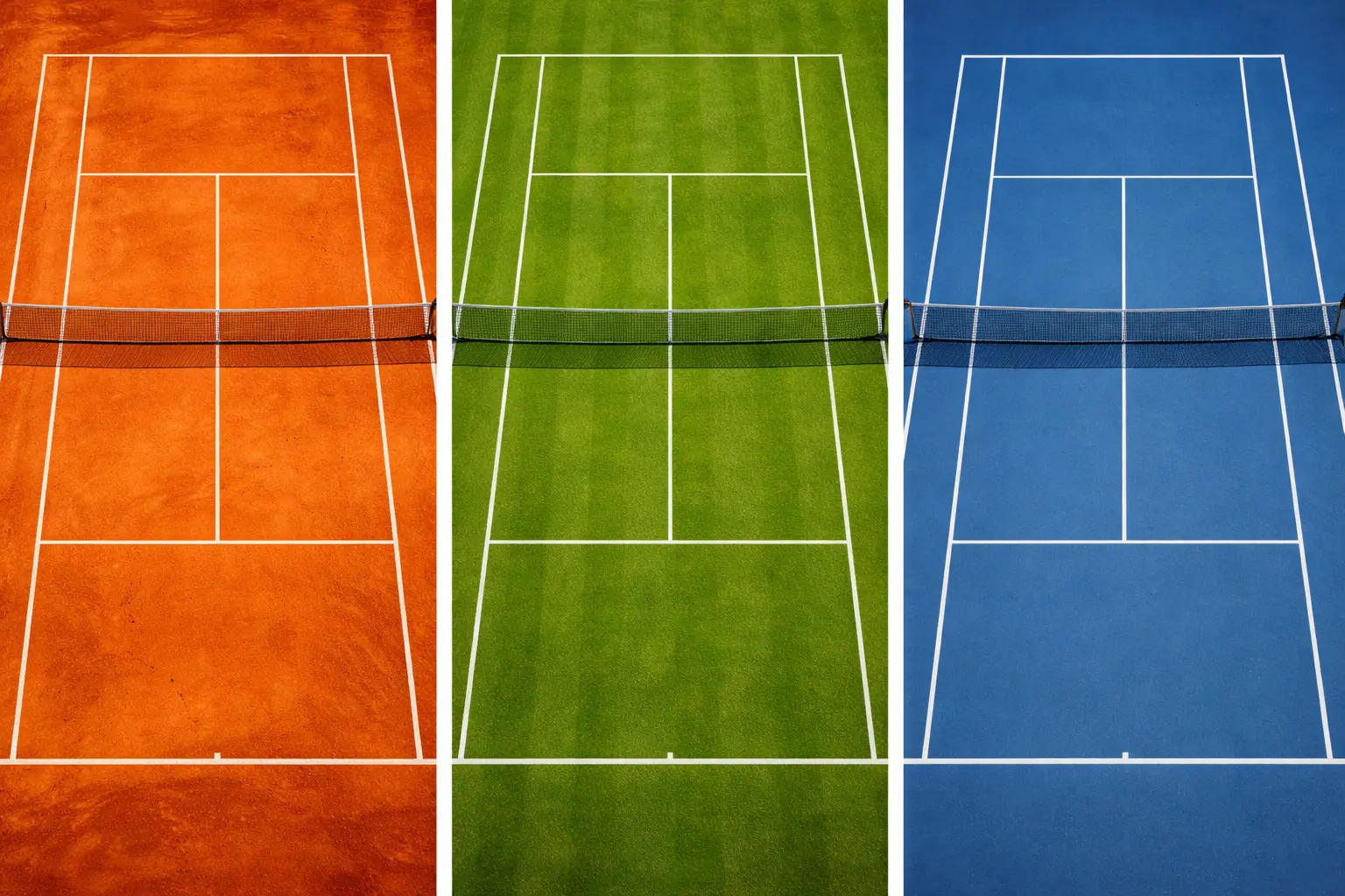 Trois types de surfaces de tennis : terre battue rouge, gazon vert et court dur bleu