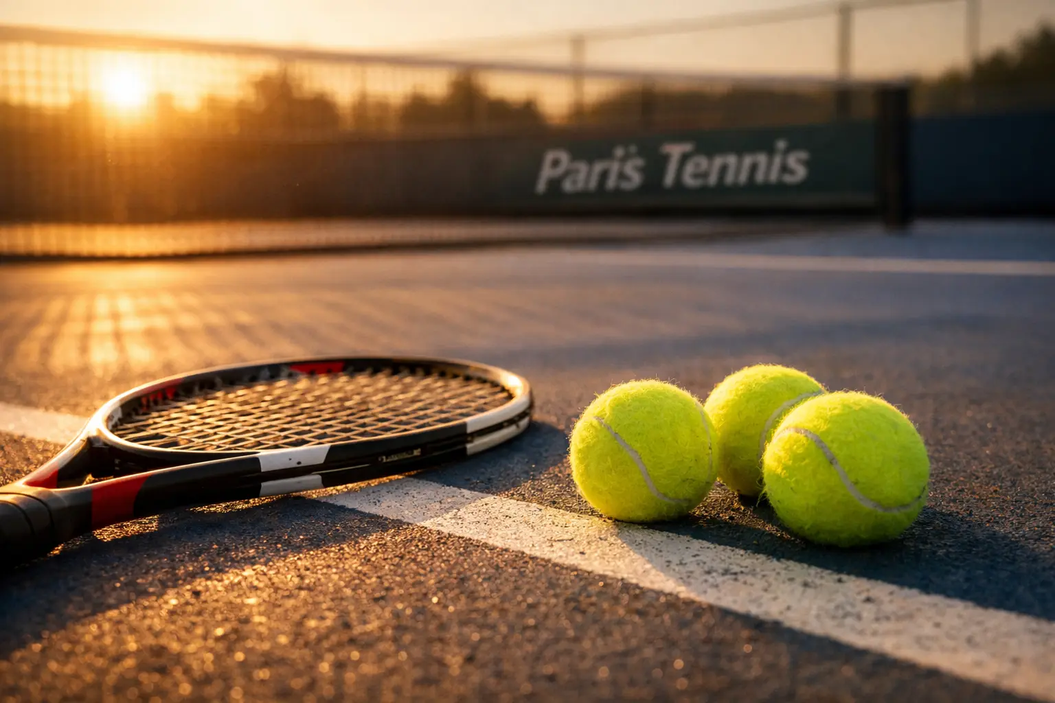 Court de tennis professionnel avec raquette et balles, symbole des paris sportifs