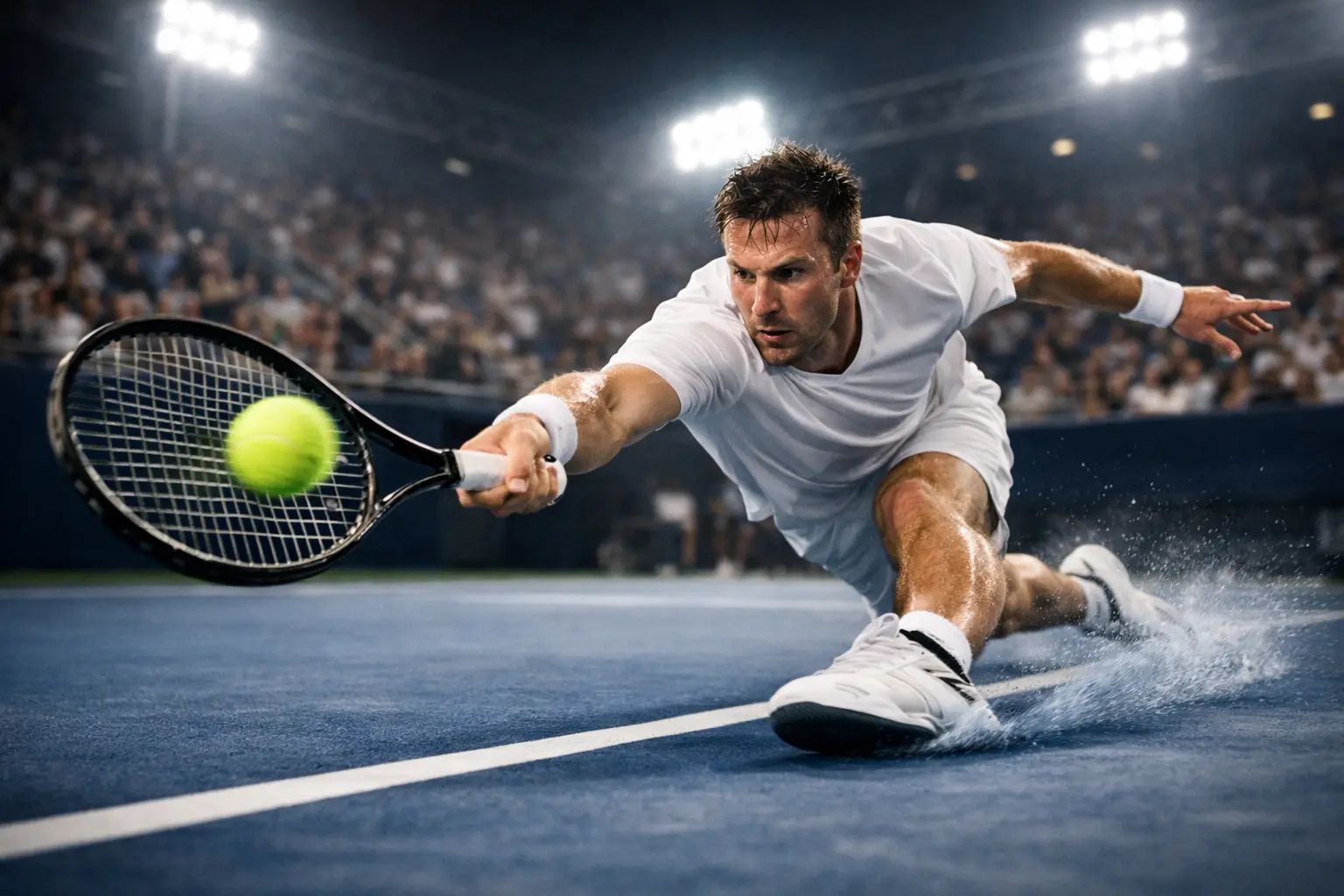 Joueur de tennis en pleine action pendant un point décisif